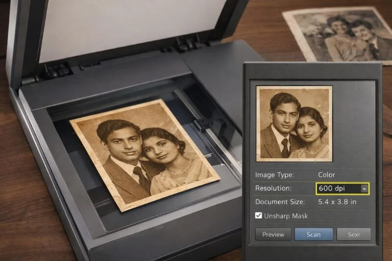 Scanning an old printed photograph at 600 DPI for restoration