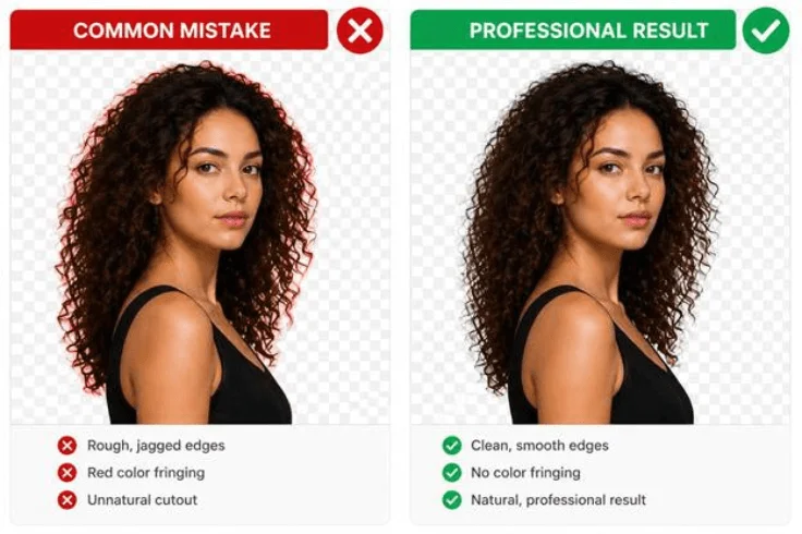 Common photo matting mistakes — bad jagged cutout with rough hair edges vs clean professional image masking result