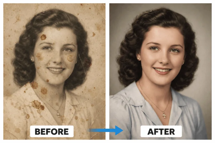 old photo stain and spot removal before and after restoration
