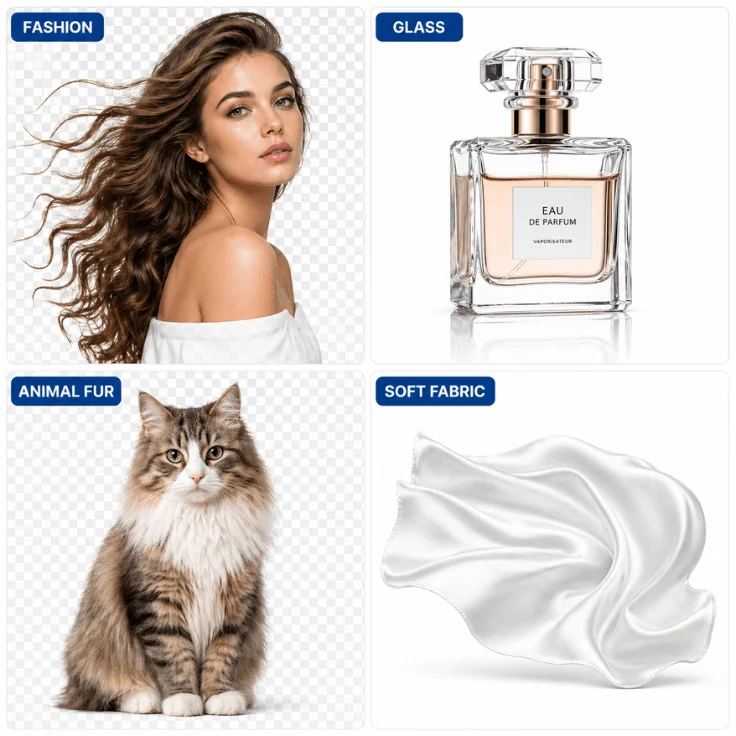 Professional image matting examples — hair, fur, glass, and transparent fabric on a clean background