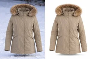 Winter jacket photo editing before and after comparison