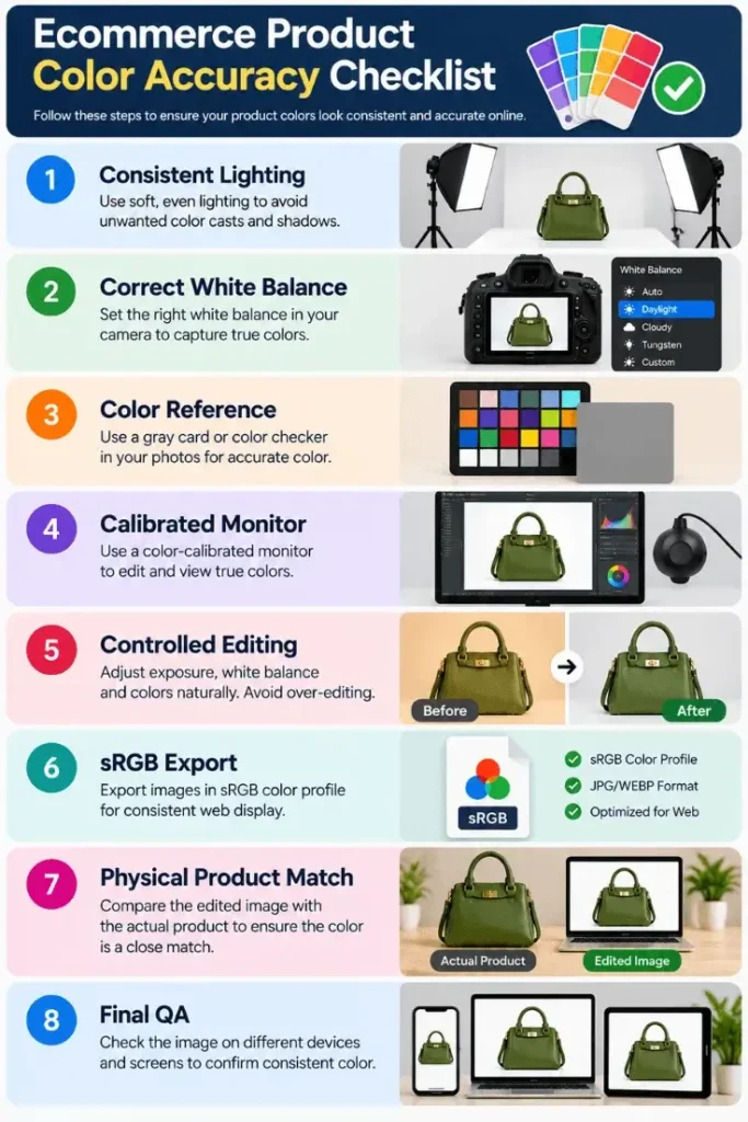 Ecommerce product color accuracy checklist for accurate product photos