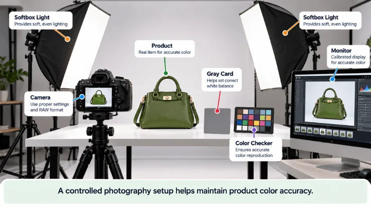 Product photography setup with camera, softbox lights, gray card, color checker, and monitor