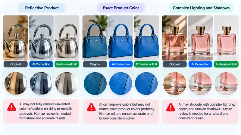 AI color correction limitations with reflective products and complex lighting