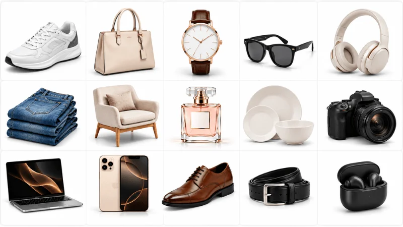 Multiple ecommerce products with consistent drop shadows for bulk image editing