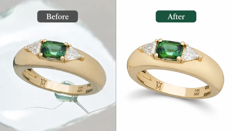 Before and after jewelry photo retouching showing improved color, detail, and background