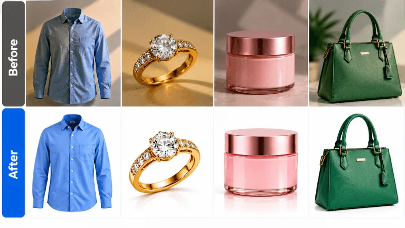 Before and after AI color correction for ecommerce product photos