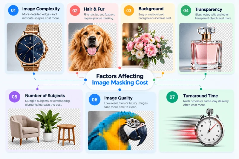 Image masking cost factors including complexity, hair and fur, transparency, image quality, and turnaround time