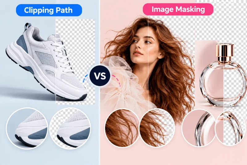 Clipping path vs image masking for shoes, fine hair, and transparent glass