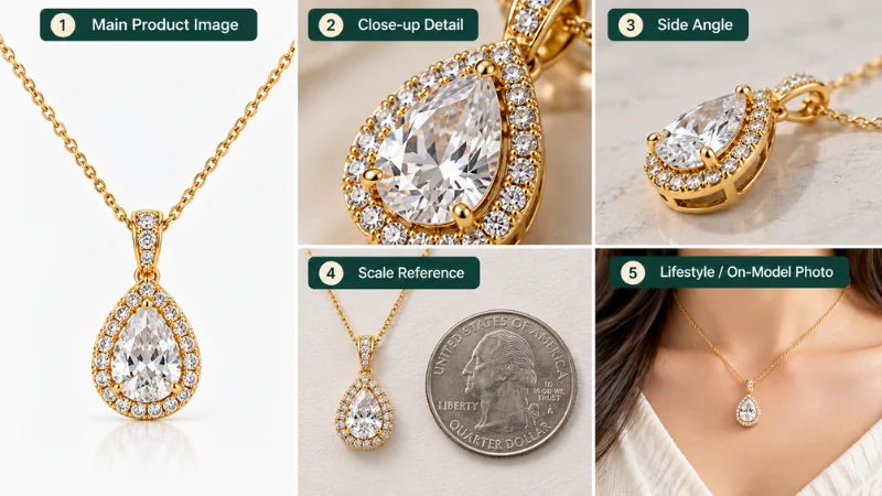 	Jewelry product listing images showing different angles, close-ups, and lifestyle photos