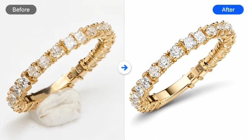 Before and after jewelry shadow creation and product retouching