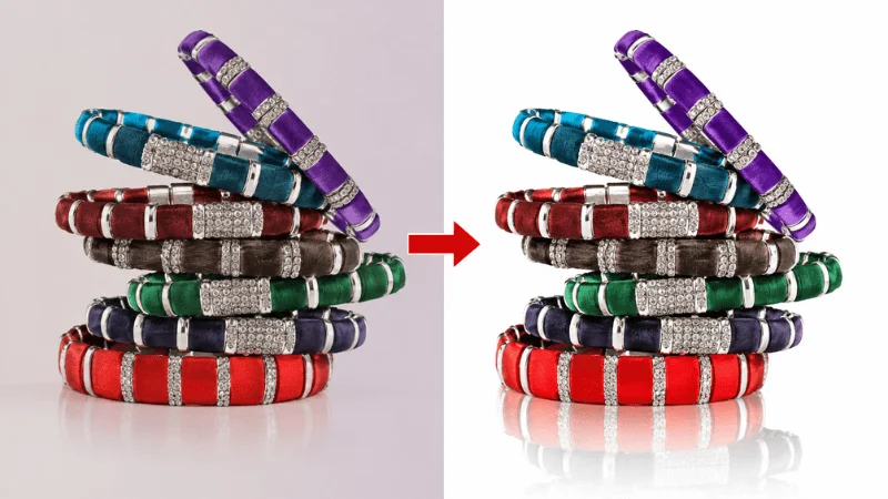 Colorful decorative bangles with a glossy reflection shadow before and after editing