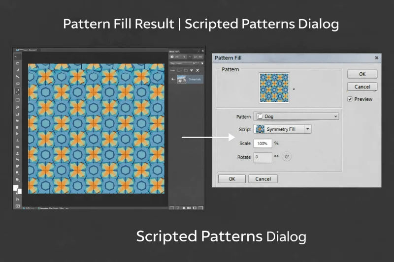 Scripted Patterns dialog and geometric pattern fill result in Photoshop CS6