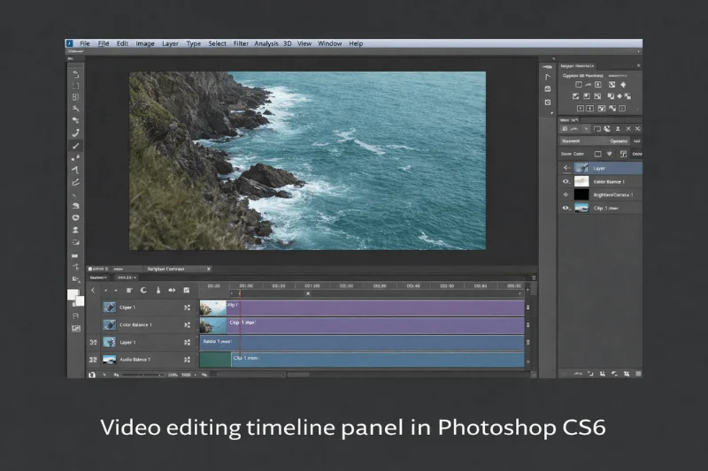 Video editing timeline panel in Photoshop CS6 showing layers and clip tracks