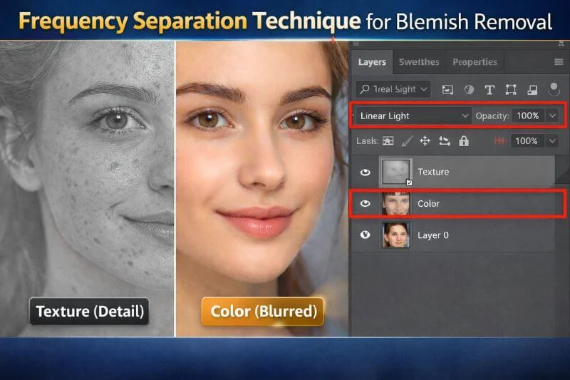 Frequency separation technique in Photoshop for natural blemish removal