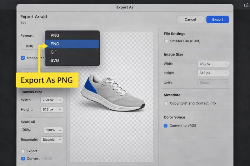 Export As PNG window in Photoshop showing transparent background settings