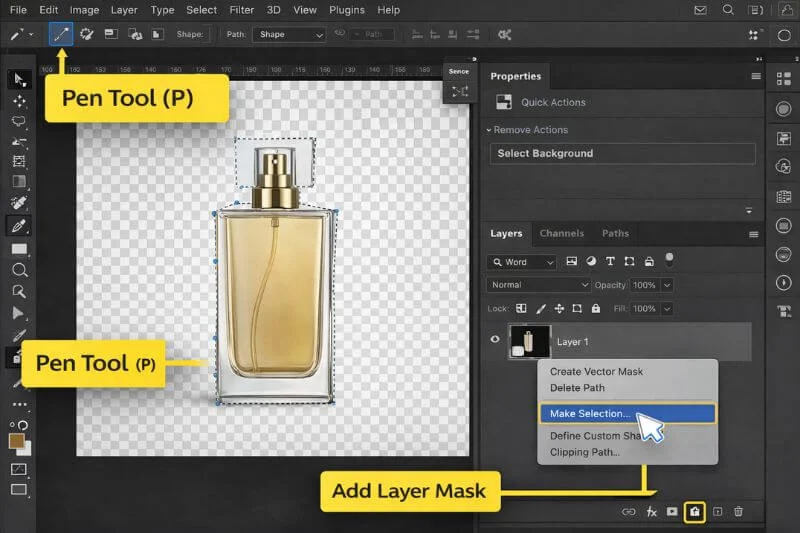 Creating a clipping path with the Pen Tool around a product in Photoshop