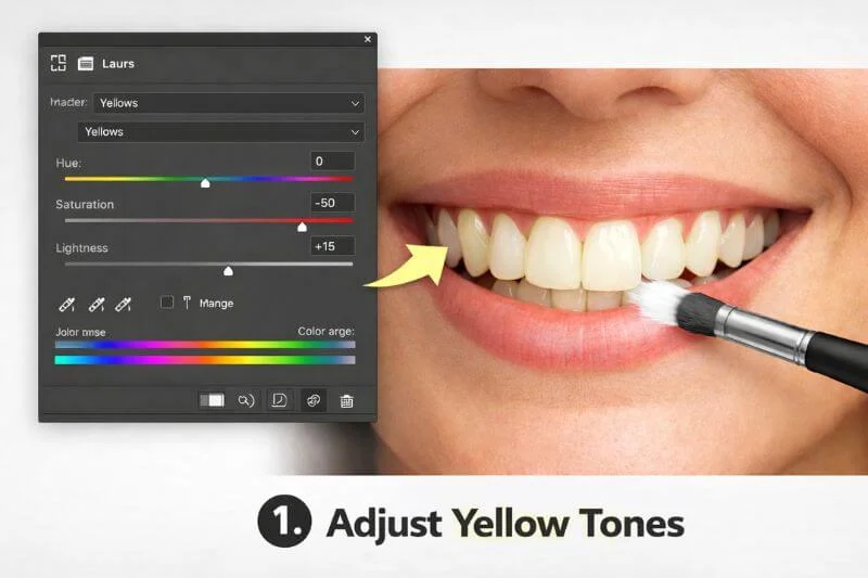 Hue/Saturation adjustment layer targeting yellow tones for teeth whitening in Photoshop