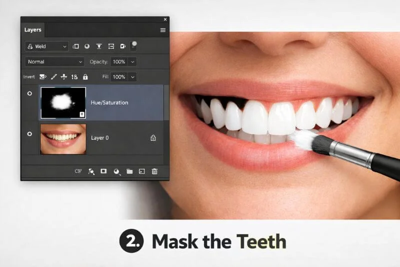 Masking teeth using soft brush in Photoshop for natural whitening