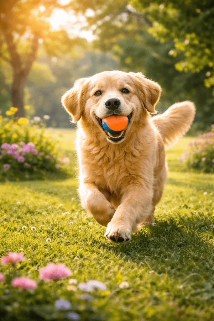 Golden retriever playing in park as a creative pet photography idea