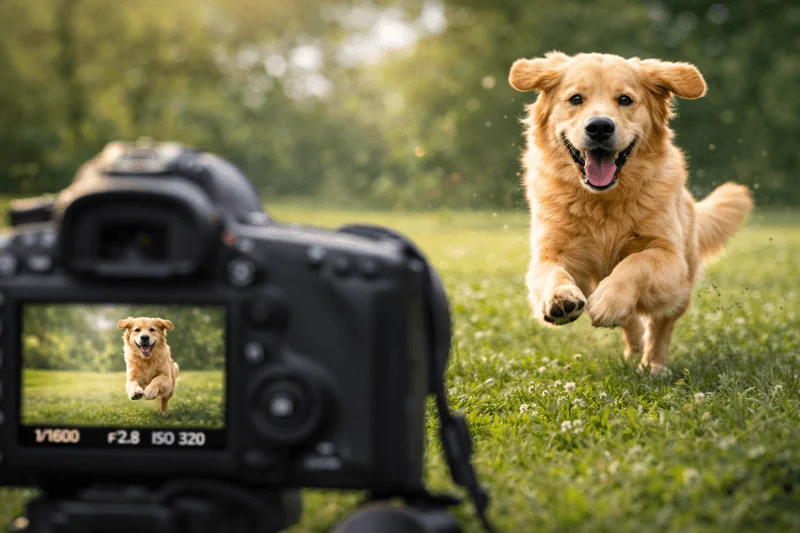 Dog running in a park captured with fast shutter speed for pet photography