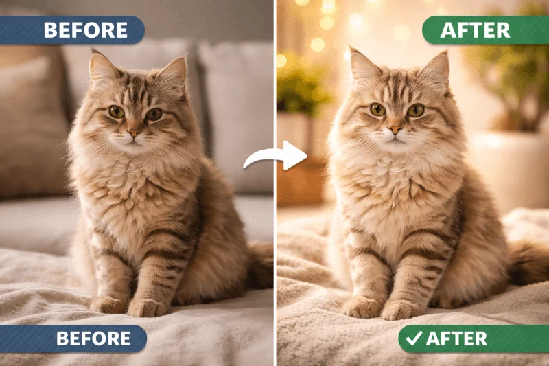 Before and after example of pet photo editing and color correction