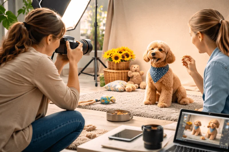 Pet photography photoshoot workflow with photographer capturing a dog