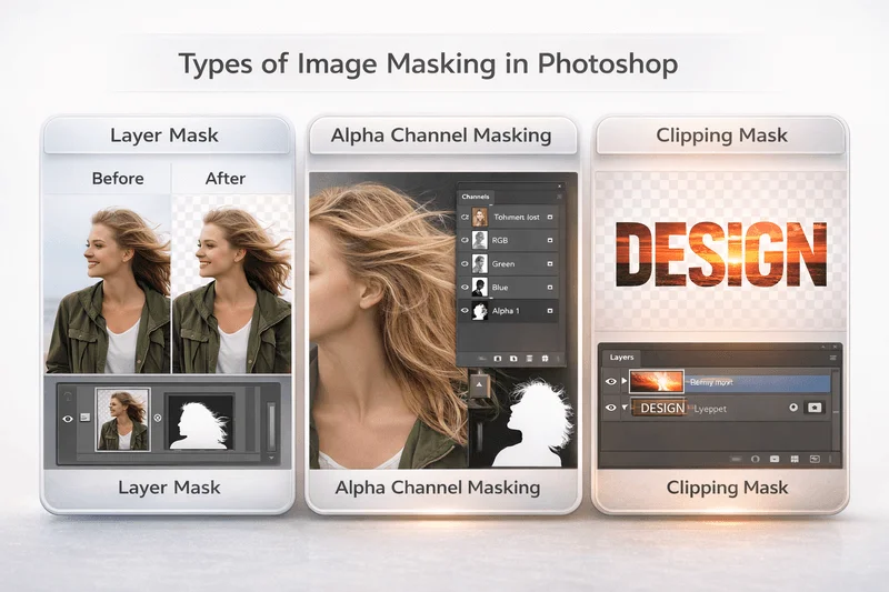 Types of image masking in Photoshop showing layer mask, alpha channel masking, and clipping mask techniques