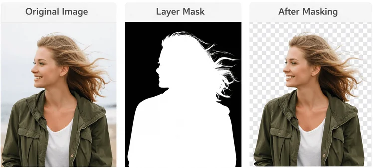 What is image masking in Photoshop showing original image, layer mask, and final masked result
