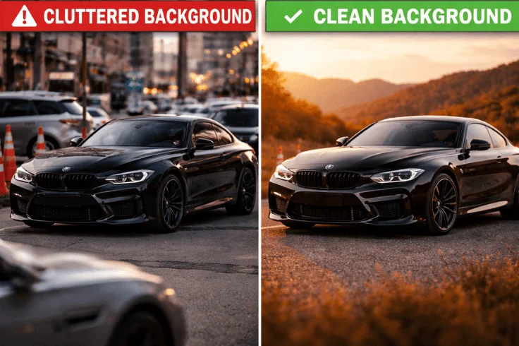 car photography clean vs cluttered background comparison