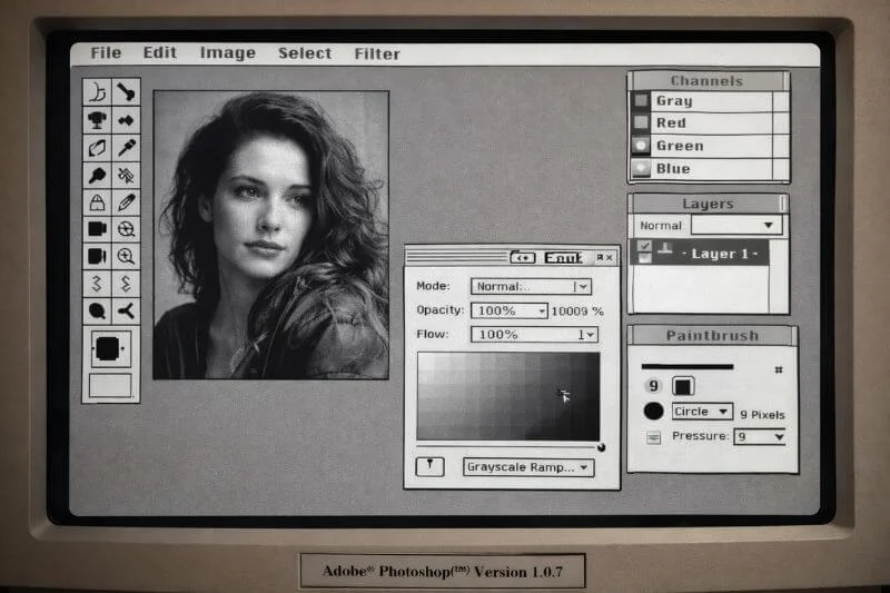 Early version of Adobe Photoshop interface showing the beginning of digital image editing