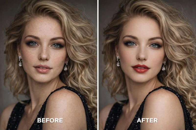 Fashion photo retouching in Photoshop with skin smoothing and color enhancement