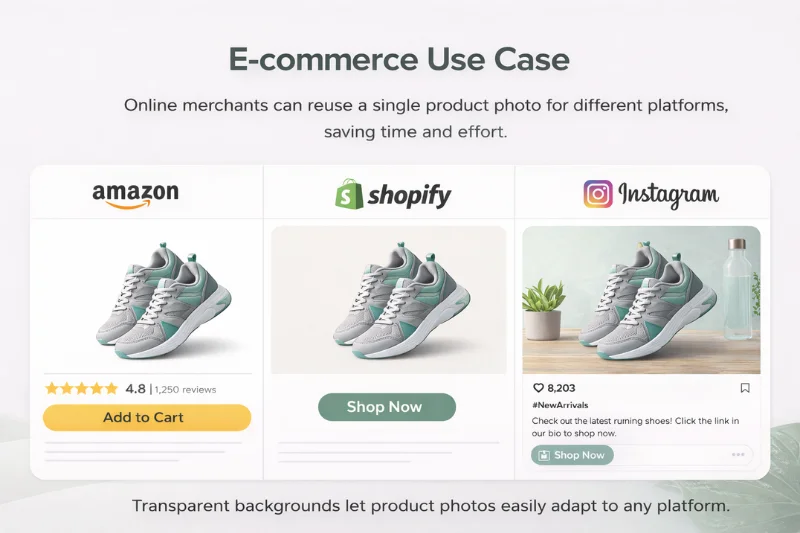Transparent product image reused across different ecommerce platforms and marketing layouts