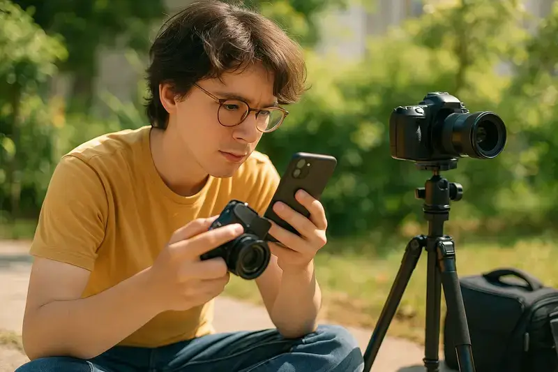 Beginner photographer practicing photography with smartphone and camera