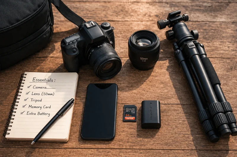 essential photography gear for beginners camera lens tripod setup
