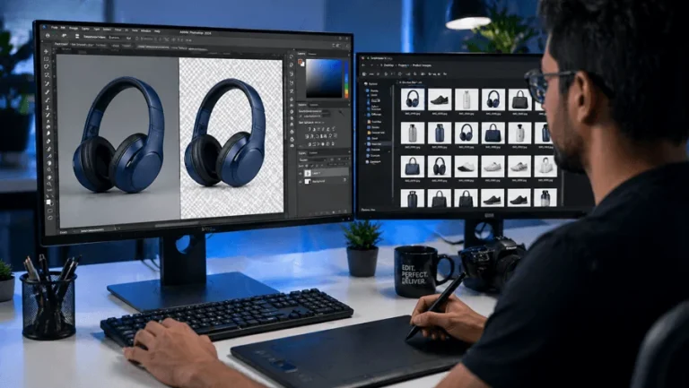 Professional photo editor working on Adobe Photoshop with dual monitors