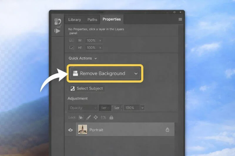 Remove Background button in Photoshop Properties panel for quick background removal