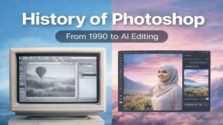 History of Photoshop timeline showing evolution from early versions to AI-powered editing tools
