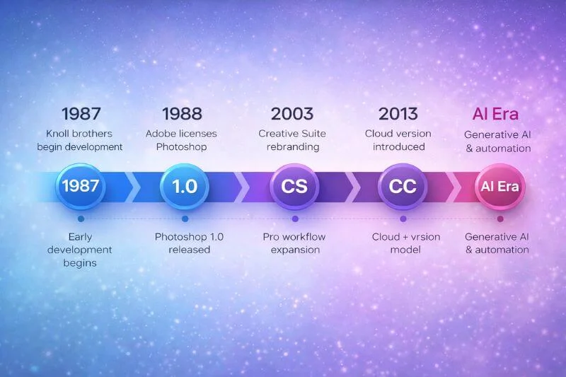 Photoshop version timeline from early releases to AI generative editing