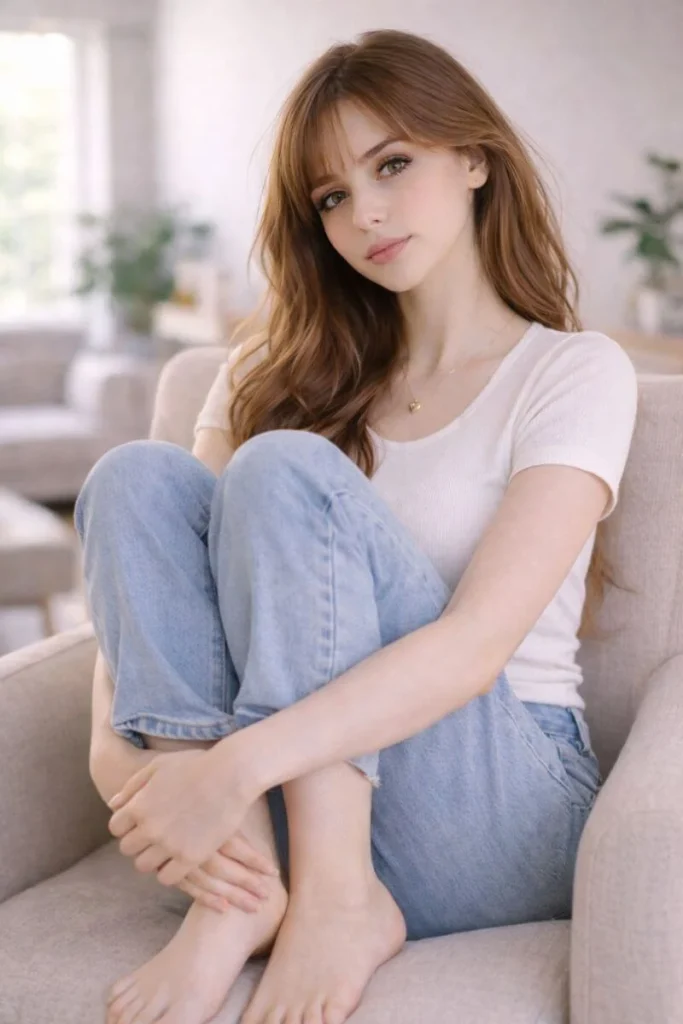 Aesthetic girl sitting on chair with toes pointing out pose