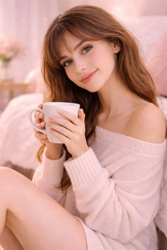 Aesthetic girl holding coffee cup near window lifestyle pose