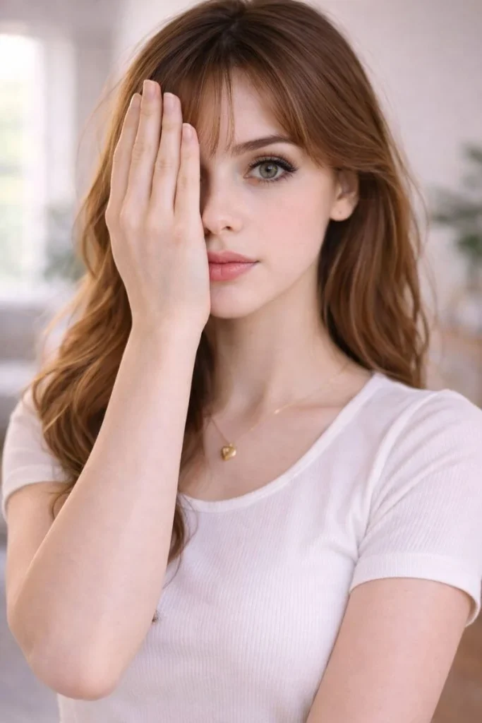 Aesthetic girl covering half face with hair portrait pose