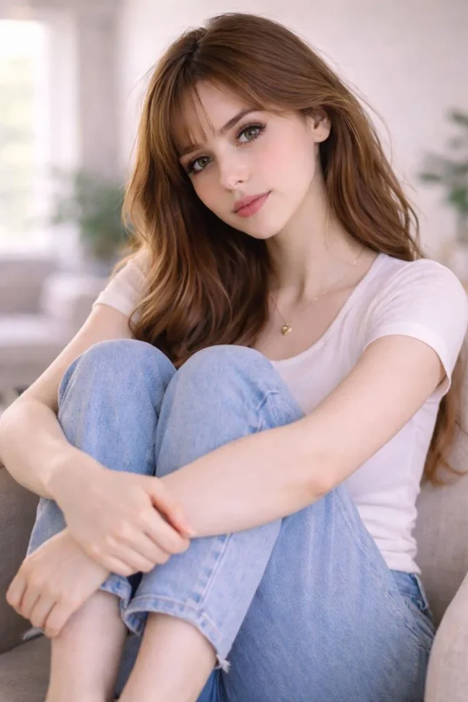 Aesthetic girl sitting with knees up relaxed indoor pose