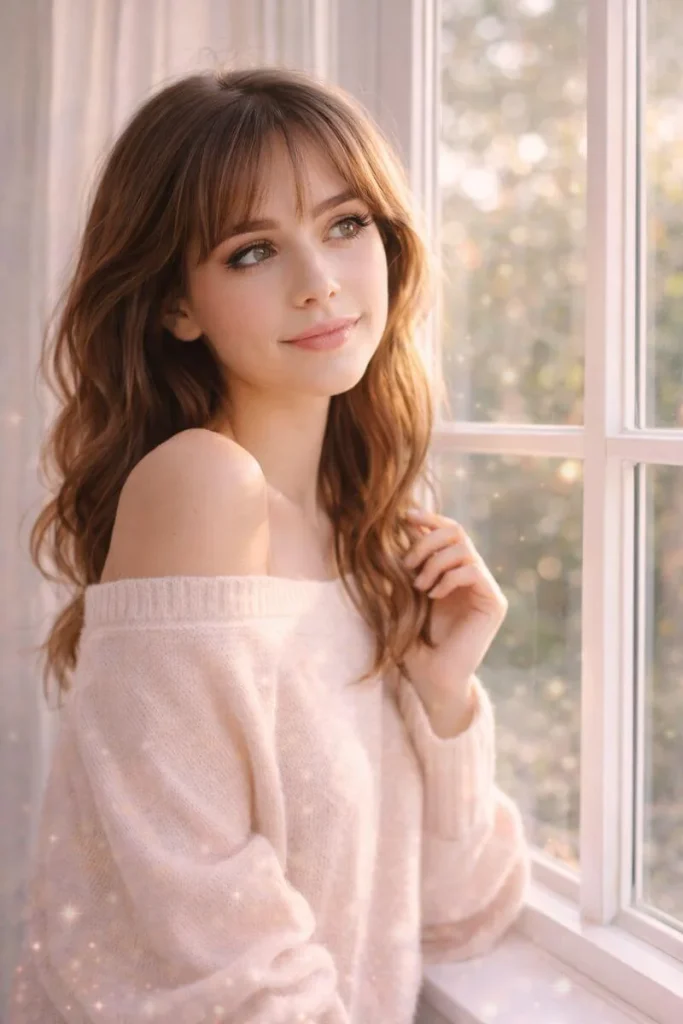 Aesthetic girl standing near window with natural light