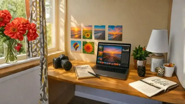 Creative photography workspace with camera, notebook, and inspiring photos for photography inspiration