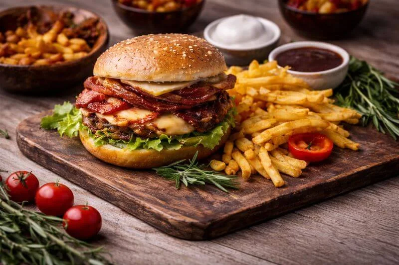professional food photography example with styled burger and lighting