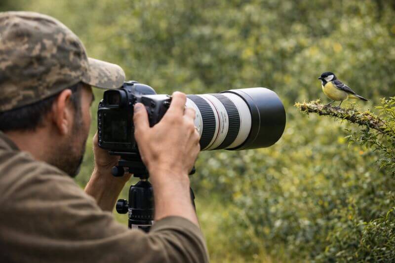wildlife photographer using telephoto lens for bird photography