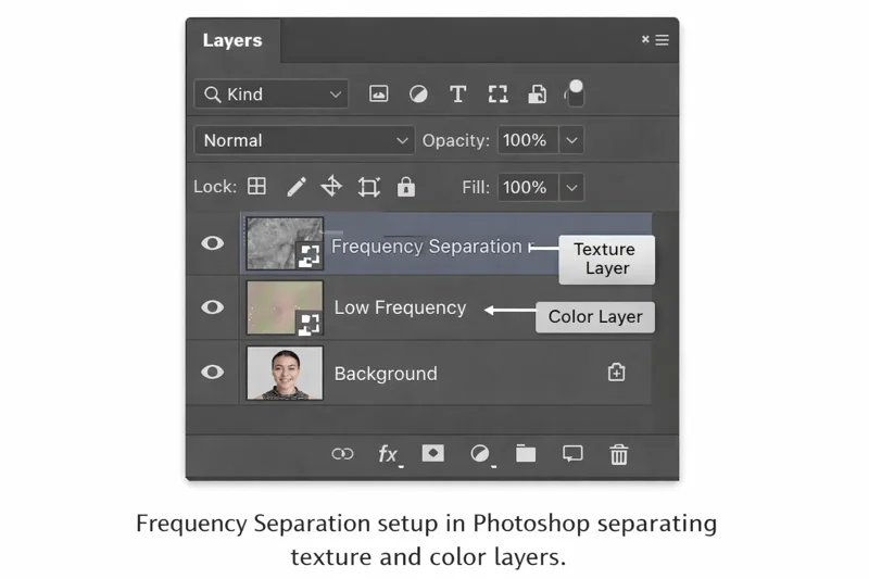 frequency separation layers in Photoshop showing high and low frequency layers