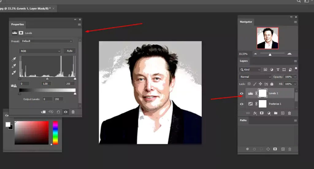 After selecting levels a properties