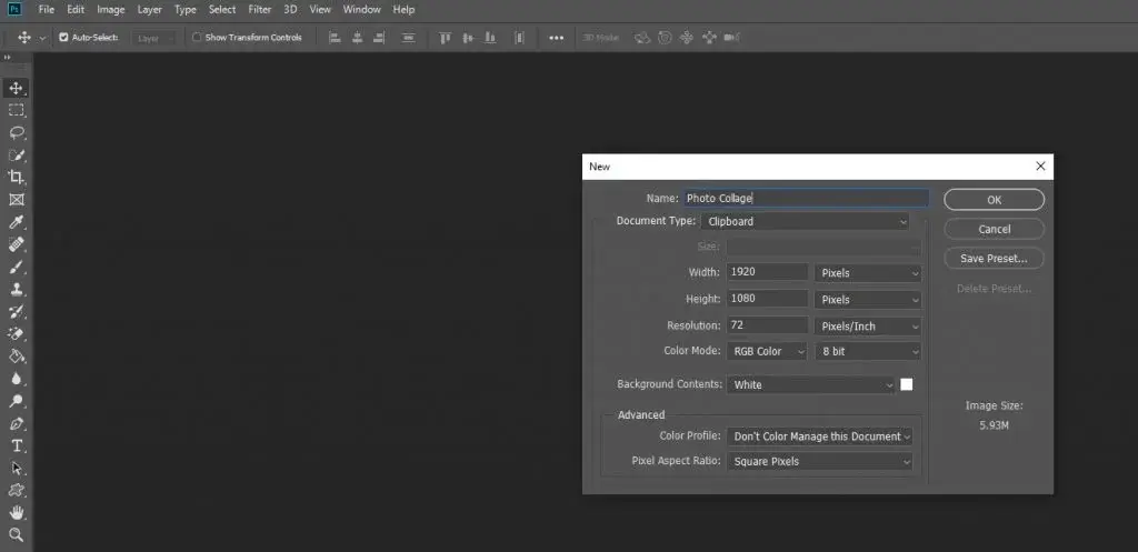 create a new file to make collage photos